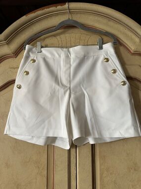 Rachel Zoe White Bermuda Shorts with Gold Buttons
